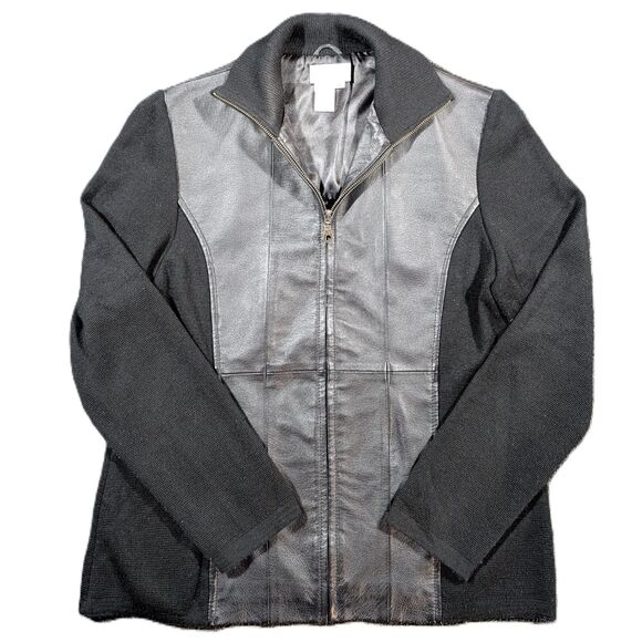 Coldwater Creek Jackets & Blazers - Coldwater Creek Jacket Women's M Black Leather Wool Ribbed Full Zip Pockets